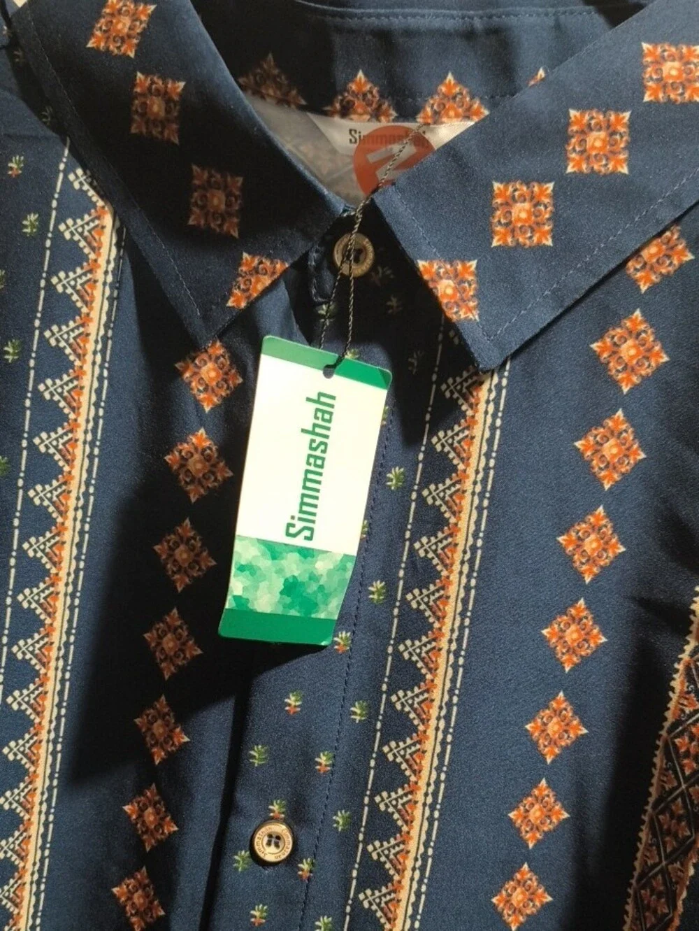 Casual Navy Patterned Short-Sleeve Button-Down Shirt - Picture 3 of 4